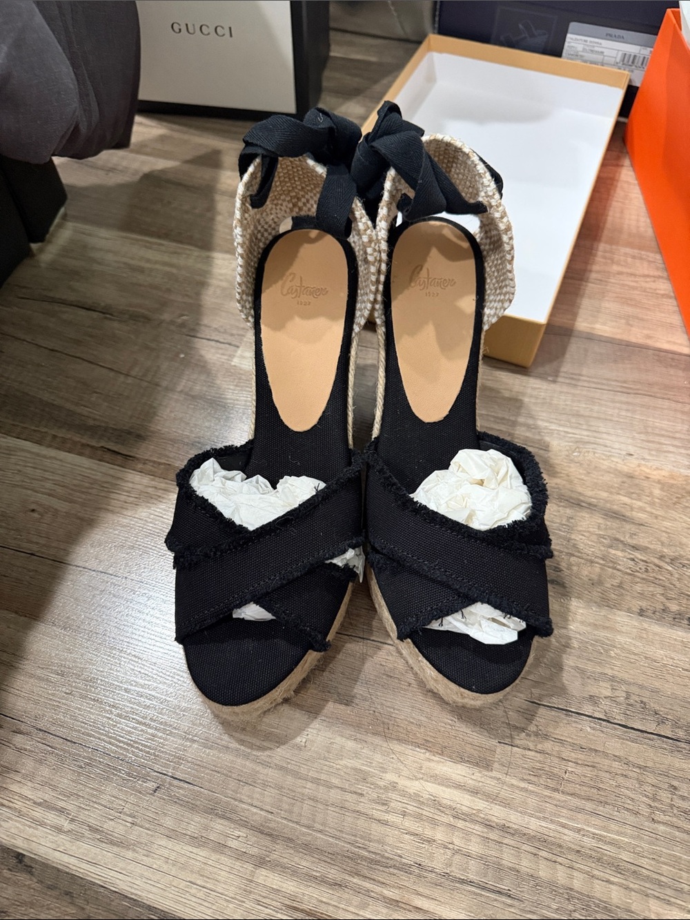 Gucci Black and Natural Woven Espadrille Wedge Sandals with Ankle Tie